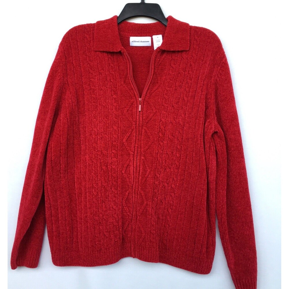 Vintage NWT Alfred Dunner Women's XL Red Cable Kit Sweater Long Sleeve Full Zip